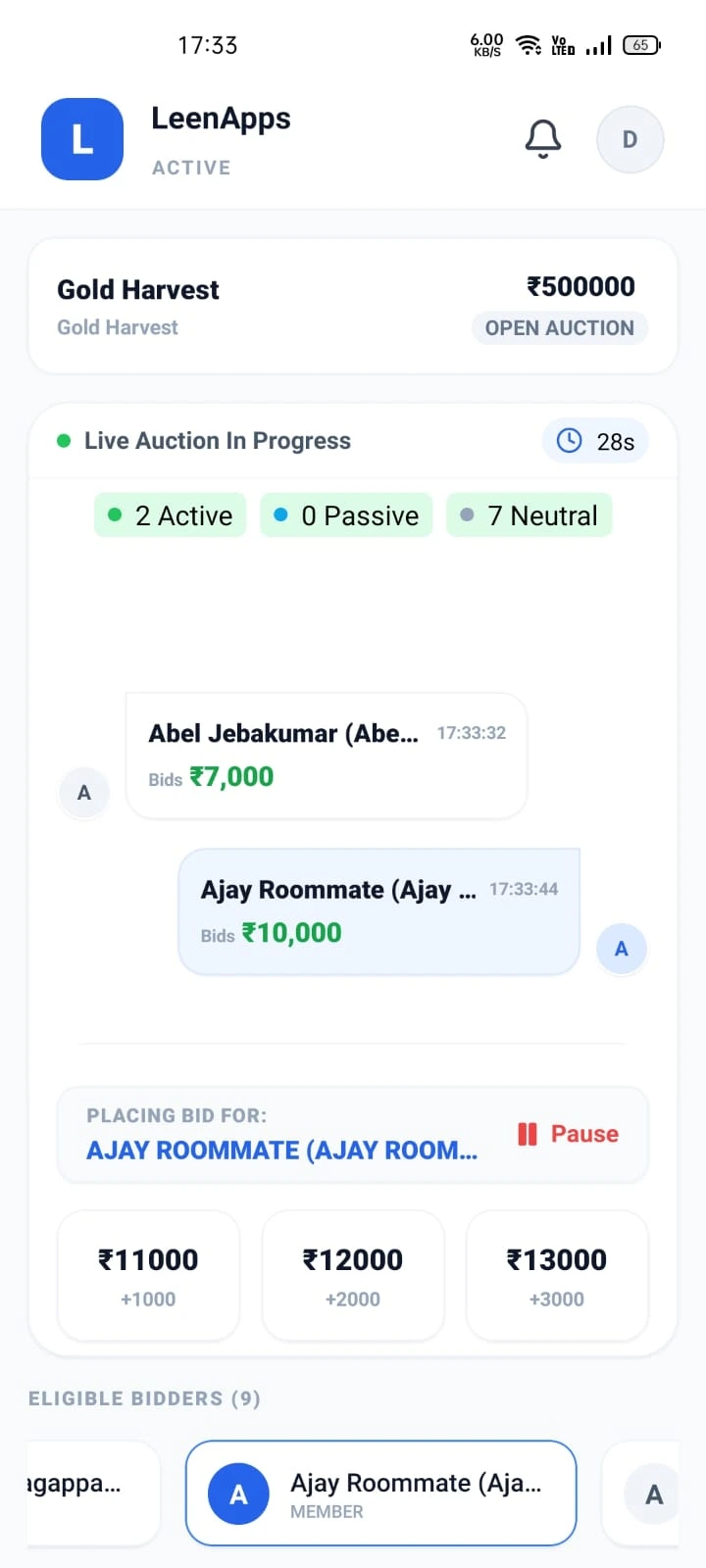 Live chit auction screen